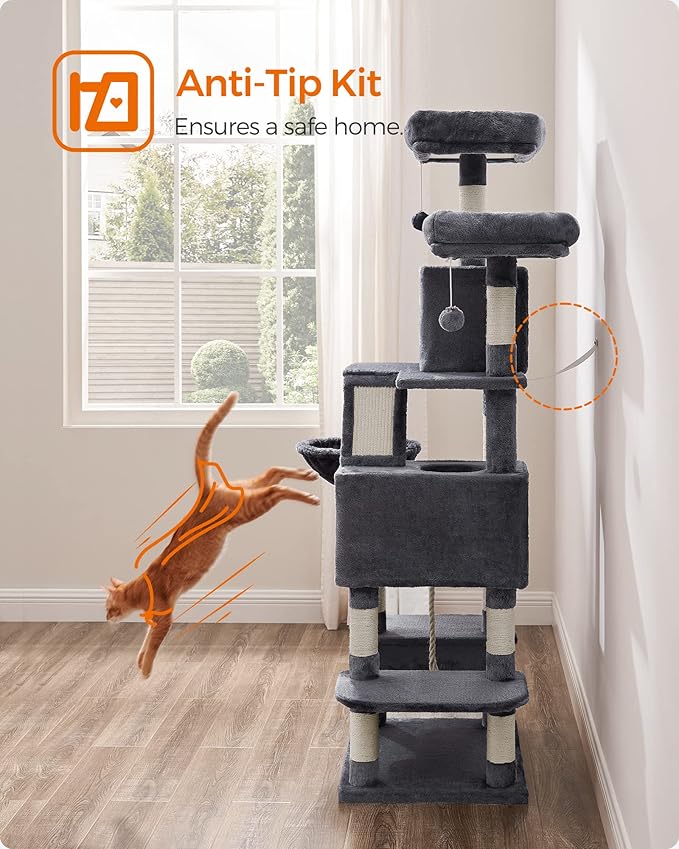 Feandrea Cat Tree, 66.1-Inch Large Cat Tower with 13 Scratching Posts, 2 Perches, 2 Caves, Basket, Hammock, Pompoms, Multi-Level Plush Cat Condo for Indoor Cats, Smoky Gray UPCT165G01