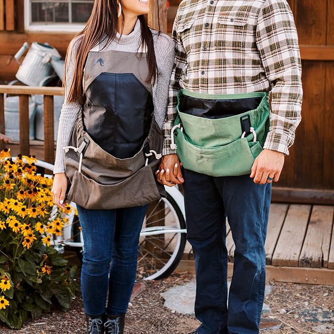 Roo Gardening Apron with Pockets & Harvesting, Picking Pouch - Adjustable, Water-resistant, Washable Canvas Cotton