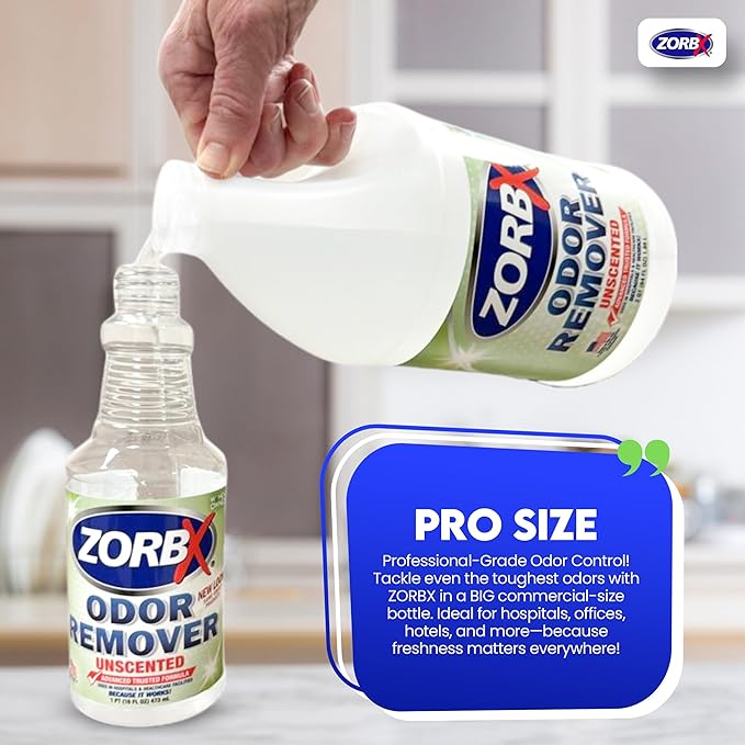 ZORBX Unscented Odor Eliminator for Strong Odor 64 oz - Used in Hospitals & Healthcare Facilities - Advanced Trusted Formula, Fast-Acting Odor Remover Spray for Dog, Cat, House & Carpet