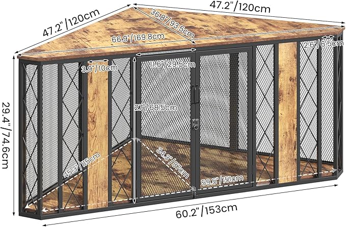 XL Corner Dog Crate Furniture, Decorative Dog Crates Dog Cage TV Stand with Diamond Metal Decoration, Wooden Dog Crate with Double Lock Design, Dog Crates Table, Retro Brown