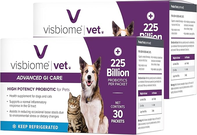 Visbiome® Vet Advanced GI Care Probiotic for Dogs & Cats – 225B CFU, 8-Strain Formula – Veterinarian Recommended, Clean Label Certified – 60 Packets