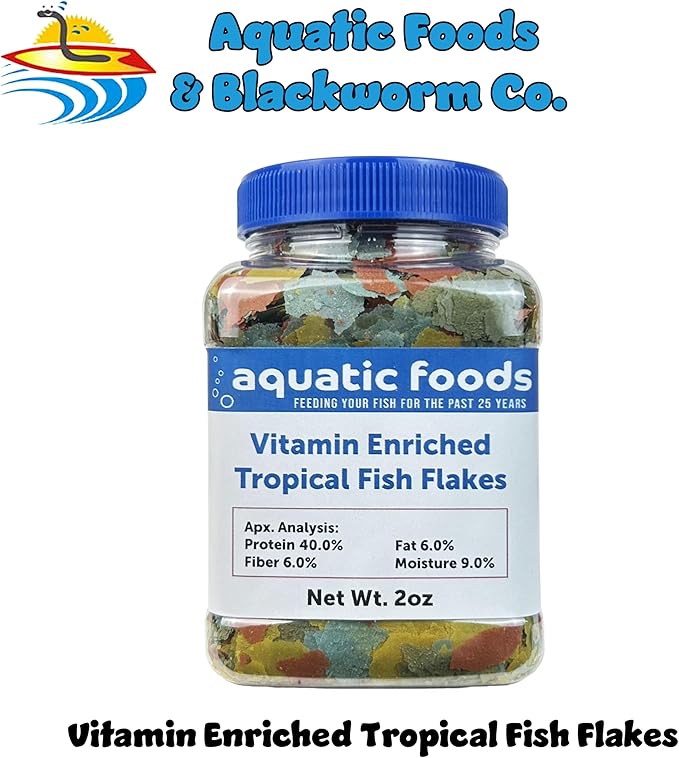 Aquatic Foods Inc. Premium Vitamin Enriched Tropical Fish Flakes, Vitamin Pack, Krill, Color Enhancing, Spirulina Flakes for All Tropical Fish Also Pellet Mix, Wafer Mix Included…2oz