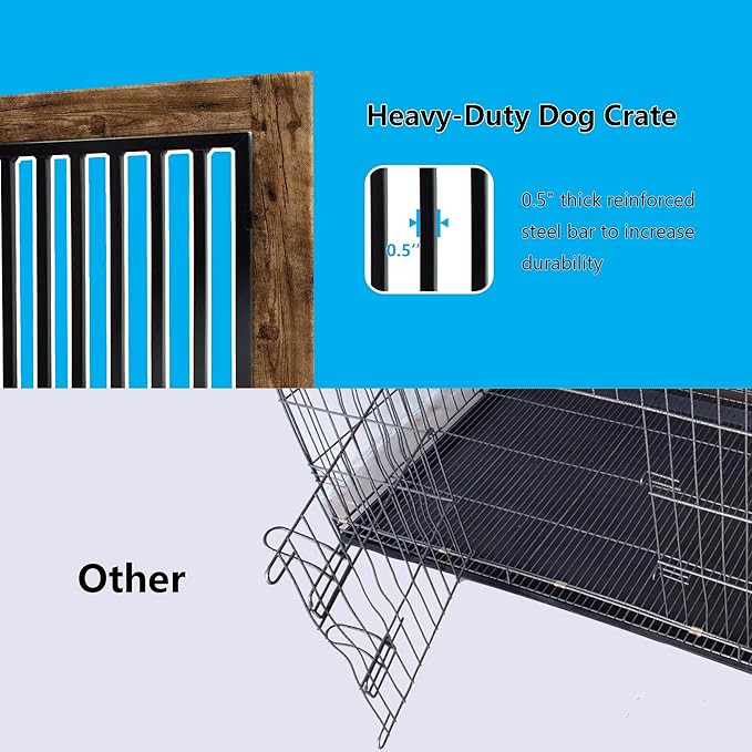 Rustic Brown Heavy Duty Furniture Dog Crate, Wood and Metal Kennel Cage, Pet House End Table with Drawer and Pull-Out Design, Dog Home for Indoor use, Medium Size