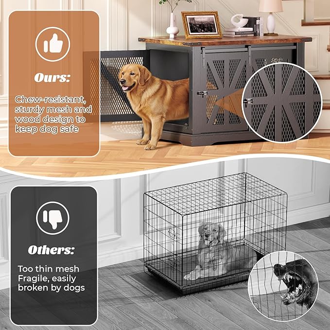 VOPEAK 43.3" XL Dog Crate Furniture, Chew Resistant Dog Crate for Medium Large Dogs, Heavy Duty Extra Large Dog Crate Dog Kennel Indoor with Double Doors, Wooden End Table for Living Room, Black