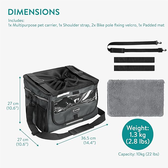 Navaris Pet Carrier for Bikes - Bike Basket Dog Carrier - Ideal Carriers for Small to Medium Dogs Up to 10kg (22lbs) - Drawstring Bag with Secure Locks and Strap - Grey