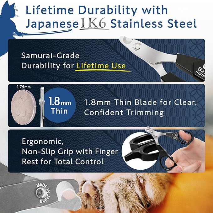 Samurai-Grade Cat Nail Clippers | Vet Recommended | Sharper, Quieter & Safer | Precision Blade for Stress-Free Grooming | Non-Slip Grip | Lifetime Durability | Made in Japan