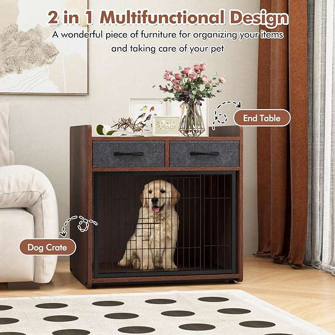 PETISITE Wooden Dog Crate with Lockable Door, Adjustable Foot Pads, 2 Fabric Drawers, Indoor Kennel Side Table for Small & Medium Dogs, 24.5 x 19.5 x 25 in