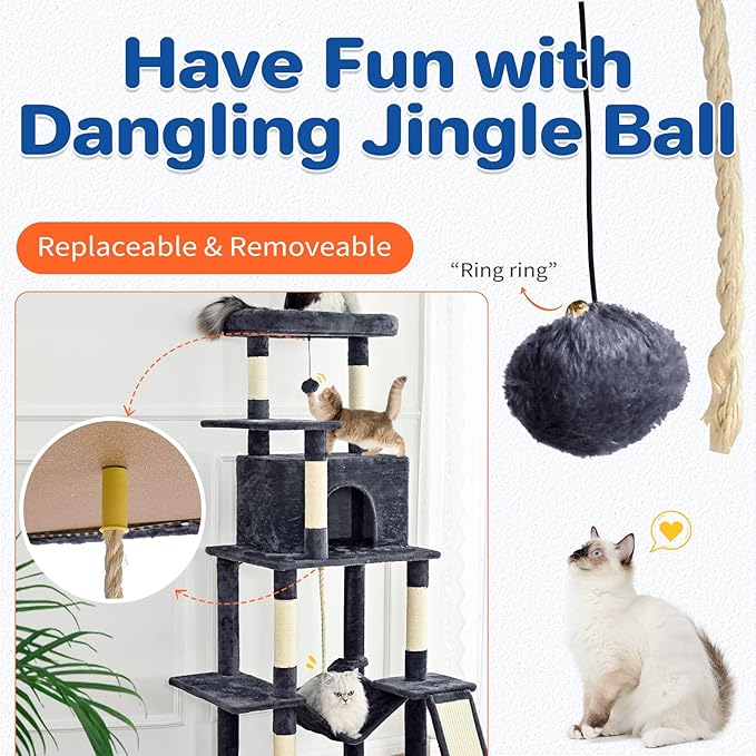 Cat Tree Tower 63in Multi-Level Cat Tower for Indoor Cats with Sisal Scratching Posts, Condo, Hammock, Dangling Ball and Extended Platform for Cats to Play, Dark Grey