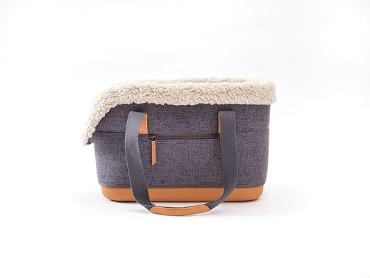 LeftPine x P.L.A.Y. Deluxe Dog Carrier Purse - Soft Sided Pet Travel Tote for Small Dogs & Puppies up to 16 Pounds - Built-in Safety Leash, Machine Washable, Removable Liner, Zipper Pocket (Charcoal)