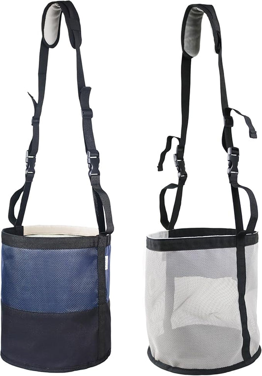 Heavy-Duty Horse Feed Bags - with Adjustable Strap, Comfort Neck & Nose Pads, and Double Waterproof Bottom Mesh (2-Pack) (Blue+Light Grey)