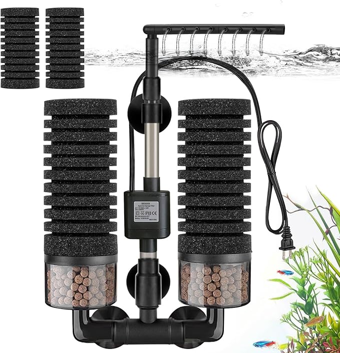 Upgrade Aquarium Electric Power Sponge Filter with Submersible Pump ，Ultra-Quiet Motor with Bio Ceramic Media Balls and 2 Spare Sponge (L for 20-55 Gal)