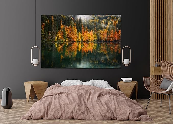 Nature Wall Art Prints - Ocean Forest Mountain Lake Canvas Landscapes - Small to Extra Large Living Room Bedroom Kitchen Bathroom Décor (Autumn by the Lake, 35L" x 53W")