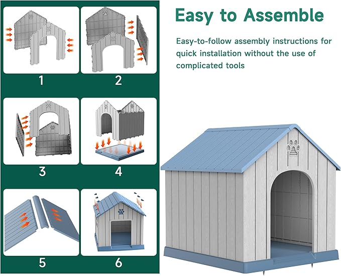 Vixzen 38in Large Outdoor Dog House,Durable Water Resistant Resin Dog House,Doghouse for Small to Large Dogs Indoor or Outside,with Air Vent and Elevated Floor,Blue