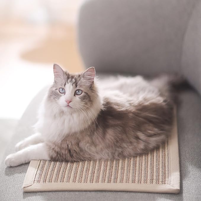 FUKUMARU Cat Scratcher Mat, 23.6 X 15.7 Inch Natural Sisal Cat Scratch Mats, Horizontal Cat Floor Scratching Pad Rug, Protect Carpets and Sofas (Cream - Thicken)
