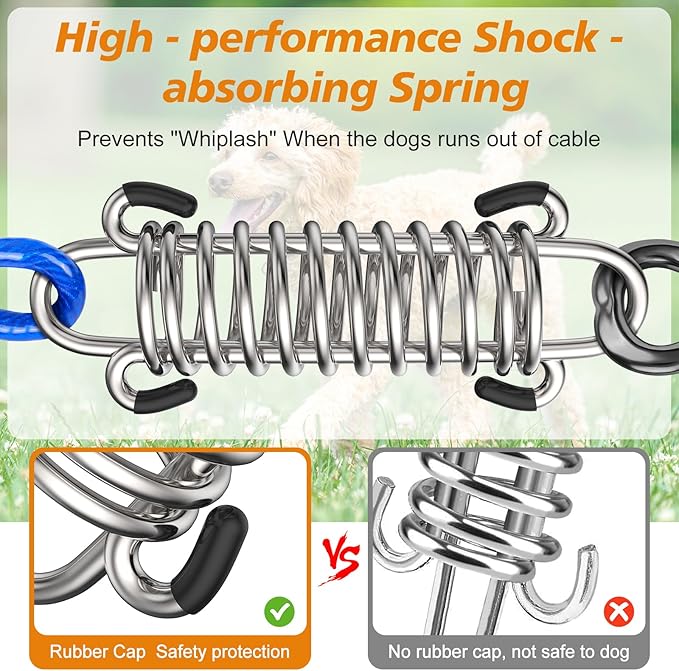 Tresbro 25 FT Dog Tie Out Cable with Spring, Shock Absorbing Tether Chains for Outside Aavilable in 10/15/20/25/30/40/50/70/100/120 FT, Heavy Duty Leads for Yard for Medium & Large Dogs Up to 500 LBS