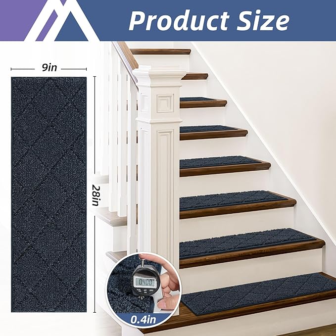 COSY HOMEER Edging Stair Treads Non-Slip Carpet Mat 28inX9in Indoor Stair Runners for Wooden Steps, Edging Stair Rugs for Kids and Dogs, 100% Polyester TPE Backing (4pc, Navy)