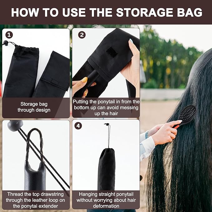 Zeyune 3 Pcs Horse Tail Extensions Set with Braided Horsehair Loop Include Ponytail Comb and Storage Bag, Natural Black for Equestrian Competitions, Horse Shows, Daily Grooming(28-30inch,3/8 lb)