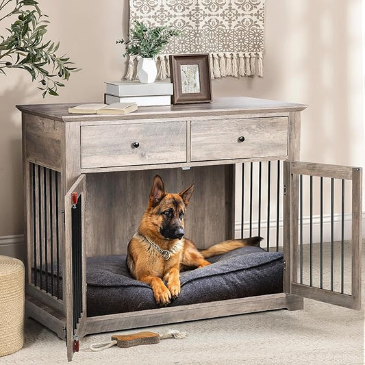 LEMBERI 44 Inch Large Dog Crate Furniture, Wooden Dog Kennel End Table with Storage Drawers, Decorative Pet Cage Dog House Indoor for Dogs