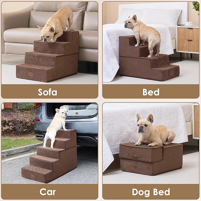 EHEYCIGA Dog Stairs for Bed 18" H, 4-Step Dog Steps for High Bed, Pet Steps for Small Dogs and Cats, Non-Slip Balanced Pet Indoor Ramp, Brown