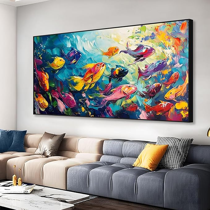 School of Fish Printed Canvas Wall Art – Framed Abstract Ocean Print – Vibrant Fish Wall Decor for Living Room, Bedroom, Office (Black Framed, 39"x19"|100x50cm)