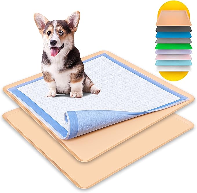 TidyFriend 2 Pack Dog Pee Pad Holder Tray Fits for 24” x 24” Wee Wee Pee Pads - Stable Grip, Raised Edges, Quick-Wipe Silicone Surface Dog Potty Tray Holder for Indoor Flooring Protection (Beige)
