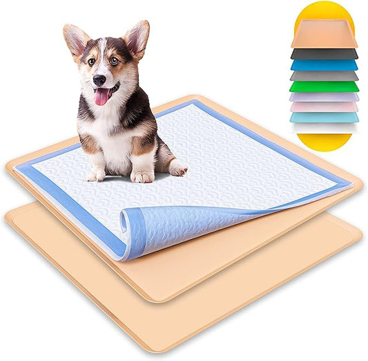 TidyFriend 2 Pack Dog Pee Pad Holder Tray Fits for 24” x 24” Wee Wee Pee Pads - Stable Grip, Raised Edges, Quick-Wipe Silicone Surface Dog Potty Tray Holder for Indoor Flooring Protection (Beige)