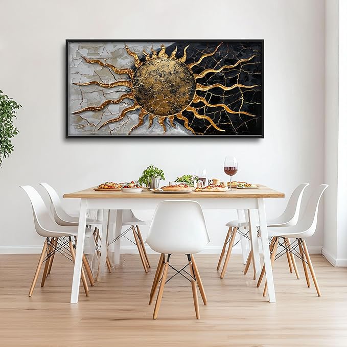 Quorin Golden Sun Large Wall Art Abstract Day and Night Pictures Black and Golden Wall Decor Canvas Print Painting Artwork for Bathroom Living Room Bedroom 60L x 30W