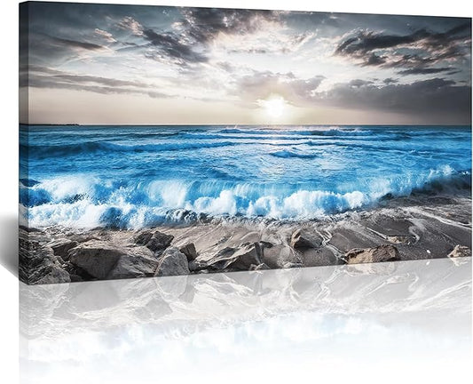 Lapremoly Large Wall Decoration For Living Room Framed Canvas Wall Art For Bedroom Office Wall Decor Black And White Beach Wall Painting Blue Sea Wave Pictures Artwork Modern Hotel Room Home Decor