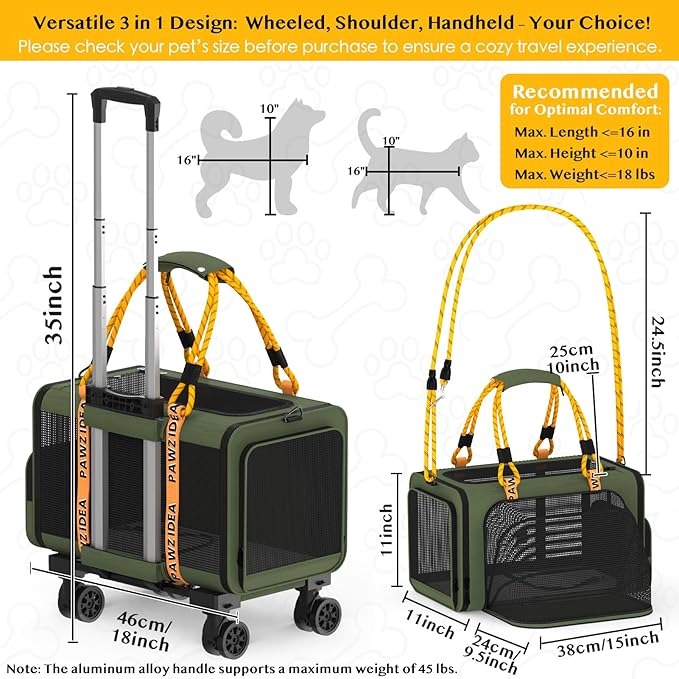 PAWZIDEA Expandable Pet Carrier with Wheels, 18X11X11 TSA Airline Approved Cat Carrier w/ID Card for 2 Cats, Small Dog Carrier Car Seat Travel Bag, Max Weight Recommendation 18 lbs，Green