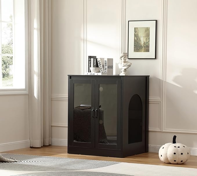 Cat Litter Robot Enclosure with Glass Cat-Observant Doors,Litter Robot Cabinet with Reversible and Optional Entry(Left or Right),Cozy LED for Cats,Power Outlet for More Choice, Black