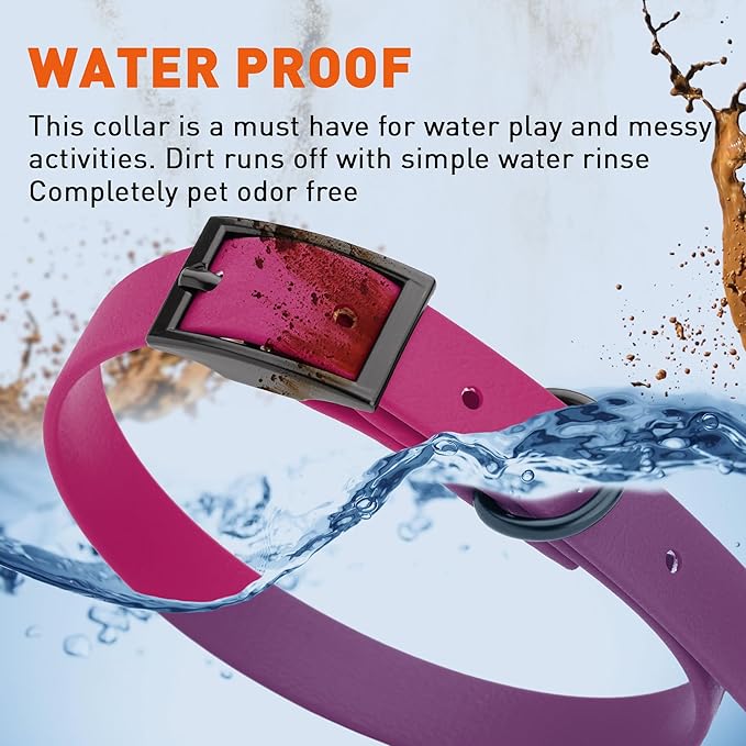 Dogline Biothane Waterproof Dog Collar Strong Coated Nylon Webbing with Black Hardware Odor- Proof for Easy Care Easy to Clean High Performance Fits Small Medium or Large Dogs, Magenta Pink