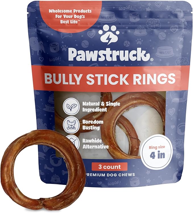 Pawstruck All-Natural 4" Bully Stick Rings for Dogs - Rawhide-Free, 100% Beef, Single Ingredient Dental Chew Bones - Fully Digestible, Low Odor - 3 Pack - Packaging May Vary