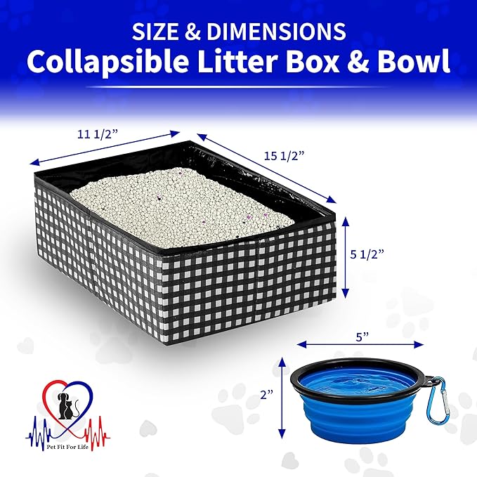 Pet Fit For Life - Vibrant Collapsible Travel Cat Litter Box - Portable, Foldable, Compact Design with Bonus Water Bowl - Ideal for Car & Camping - Reusable, Cats Safe - Black, (16"x12"x5")