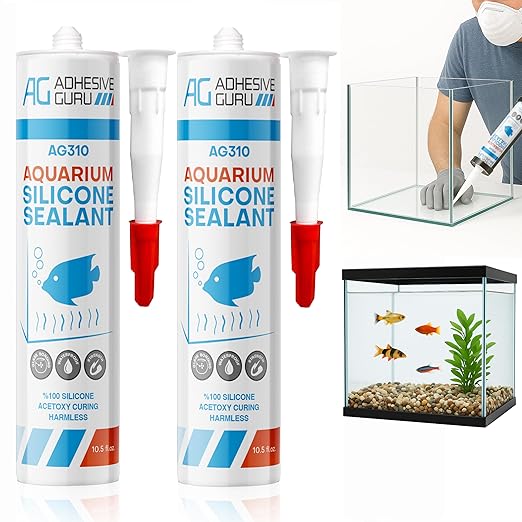 Aquarium Silicone Sealant Clear (2x10.5 floz) 100% Silicone, Waterproof Aquarium Safe, Non-Toxic Fish Tank Glue, Solvent Free, Rapid Curing, Strong Adhesion, Transparent, 2 Pack