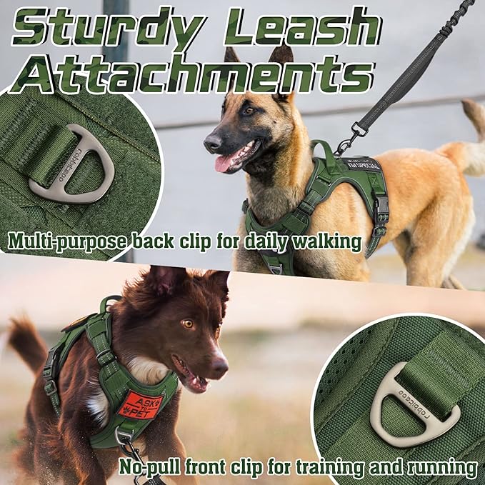 rabbitgoo Tactical Dog Harness Medium Sized Dog, No Pull Military Service Vest with Handle & Molle, Easy Control for Training Walking, Adjustable Reflective Straps, Green, M