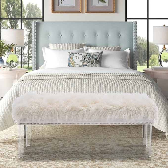 46 Inch White Bedroom Bench, Benches for Bedroom White Faux Fur Upholstered Bed end Bench, Tufting Ottoman Bench Indoor Bench with Acrylic Legs for Living Room Bedroom Entryway