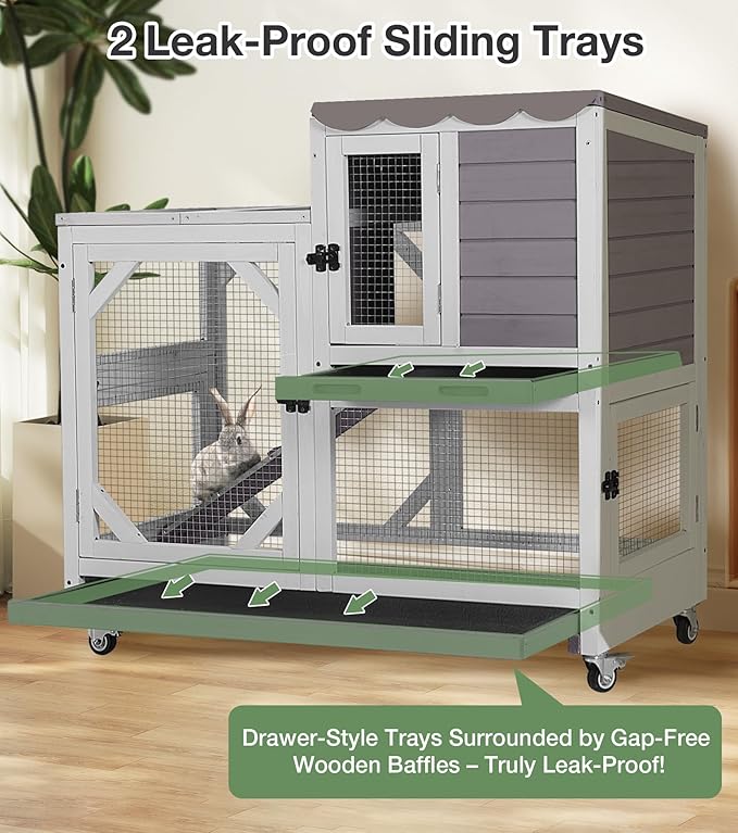 Rabbit Hutch 2-Story Wooden Bunny Cage with 2 Leak-Proof Sliding Trays, Chew-Proof Metal Mesh, Rainproof Cover, Indoor & Outdoor Guinea Pig House with Wheels - Grey