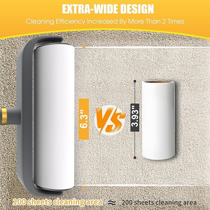 Large Surface Lint Roller, 6.3" Extra Sticky Rollers for Pet Hair, Ginat Dog Cat Hair Remover for Clothes Furniture Cleaning, 100 Sheet