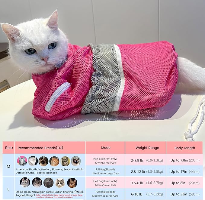 Cinf Cat Bathing Bag, Breathable Mesh Anti Scratch Adjustable Cat Grooming Bag for Nail Trimming, Bathing Soft Cat Washing Bag(Pink) M