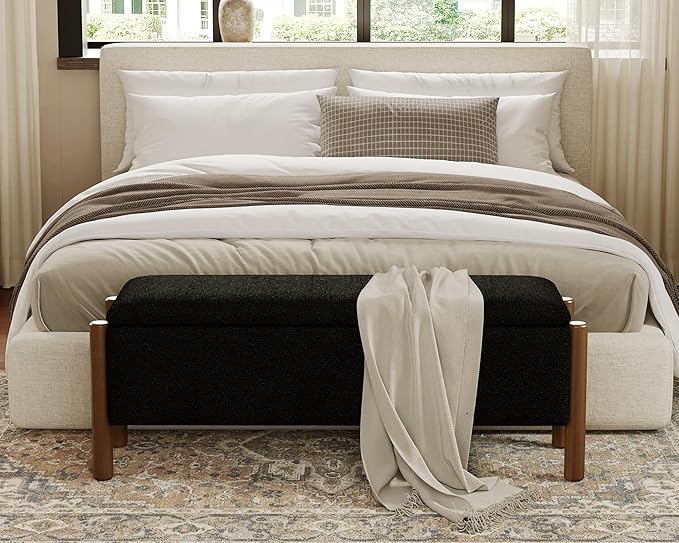 Storage Ottoman Bench, End of Bed Bench for Bedroom, 47" Boucle Upholstered Entryway Shoe Seat Benchs, Holds up to 660 lb Storage Ottoman, Padded Blanket Chest Stool Foot Rest for Living Room Black