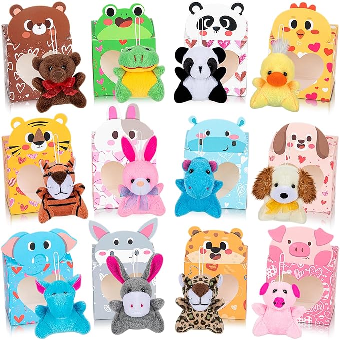 Sofier Valentines Day Gifts for Kids Classroom 24 Pack Valentines Card Boxes with Heart Window Mini Animal Toys Keychains Bulk for Boys Girls Classroom Exchange Party Favor School Teacher Student