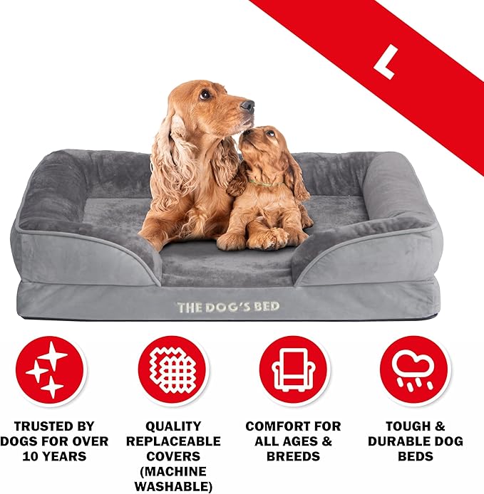 The Dog’s Bed, Orthopedic Standard Foam Waterproof Dog Bed with Standard Support, Large Silver Grey Plush, Waterproof, Supportive Dog Bed with Replaceable Covers, Veterinary Approved
