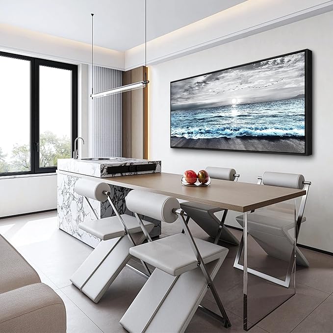 Wapluam Large Wall Art For Living Room Wall Decor For Bedroom Office Wall Decorations Black And White Wall Painting Blue Sea Wave Pictures Artwork For Modern Black Framed Beach Canvas Prints Poster