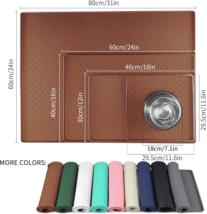 Ptlom Pet Placemat for Dog and Cat, Waterproof Silicone Pet Feeding Bowl Mats for Food and Water, Small Medium Large Dogs Mat Prevent Residues from Spilling to Floor, Brown, 24.5" 16.5"