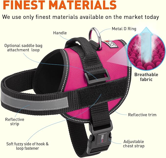 Dogline Dog Harness, Reflective No-Pull Adjustable Vest with Handle for Walking, Training, Breathable, No - Choke Harness for Small, Medium or Large Dogs Room for Patches Girth 22"-28" in Pink