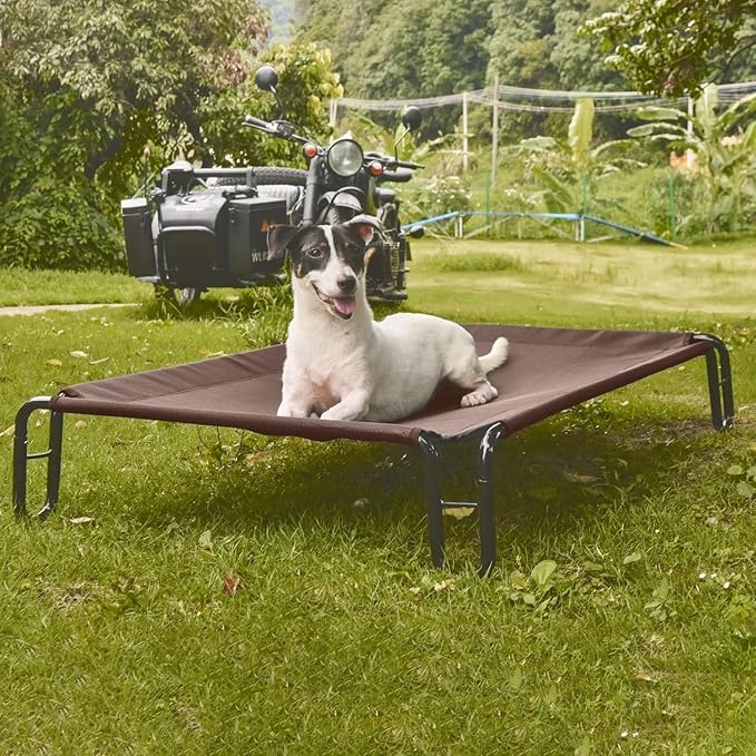 pettycare Elevated Outdoor Dog Bed - Cots Beds for Medium Dogs, Waterproof, Raised Cot, Easy to Assemble, Cooling with Teslin Mesh, Durable, Non Slip, Up to 40 lbs, Brown