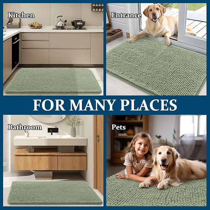 OLANLY Dog Door Mat for Muddy Paws 54x32, Absorbs Moisture and Dirt, Absorbent Non-Slip Washable Doormat, Quick Dry Chenille Mud Mat for Dogs, Entry Indoor Entryway Carpet for Inside Floor, Sage Green
