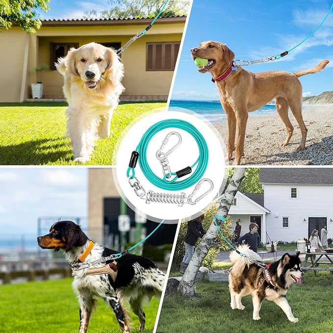 jenico Dog Tie Out Cable, 10/15/20/30/40/50/70/100/150FT Dog Runner Cable with Swivel Hook and Shock Spring, Dog Leash Run Tether for Yard Outdoor and Camping,for Small to Medium Pets Up to 500 LBS