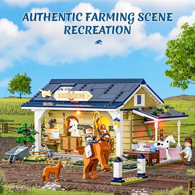 FUNWHOLE Farm Horse-Stable Lighting-Building-Bricks Set - Farm Life Horse Animals Cabin Collection LED Light Cottage Model Display Set 973 Pcs for Adults and Teen