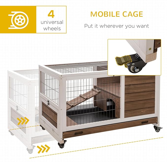 PawHut Wooden Rabbit Hutch Indoor Outdoor, Elevated Bunny Cage with No Leak Tray Enclosed Run with Wheels, Ideal for Guinea Pigs and Small Animals, Brown